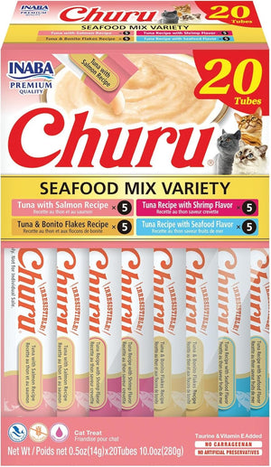 Inaba Churu Creamy Purée Seafood Mix Variety Pack Lickable Cat Treats 0.5-oz Tubes 20 Count, Kwik Pets