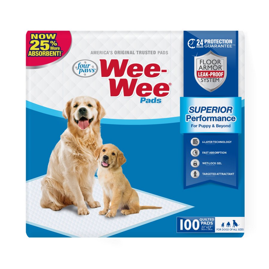 Four Paws Wee-Wee Superior Performance Dog Pee Pads 100 Count 22 in X 23 in Bag, Kwik Pets