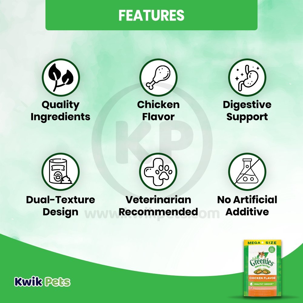 Features - Greenies Feline SmartBites Healthy Indoor Chicken Cat Treats 4.6-oz