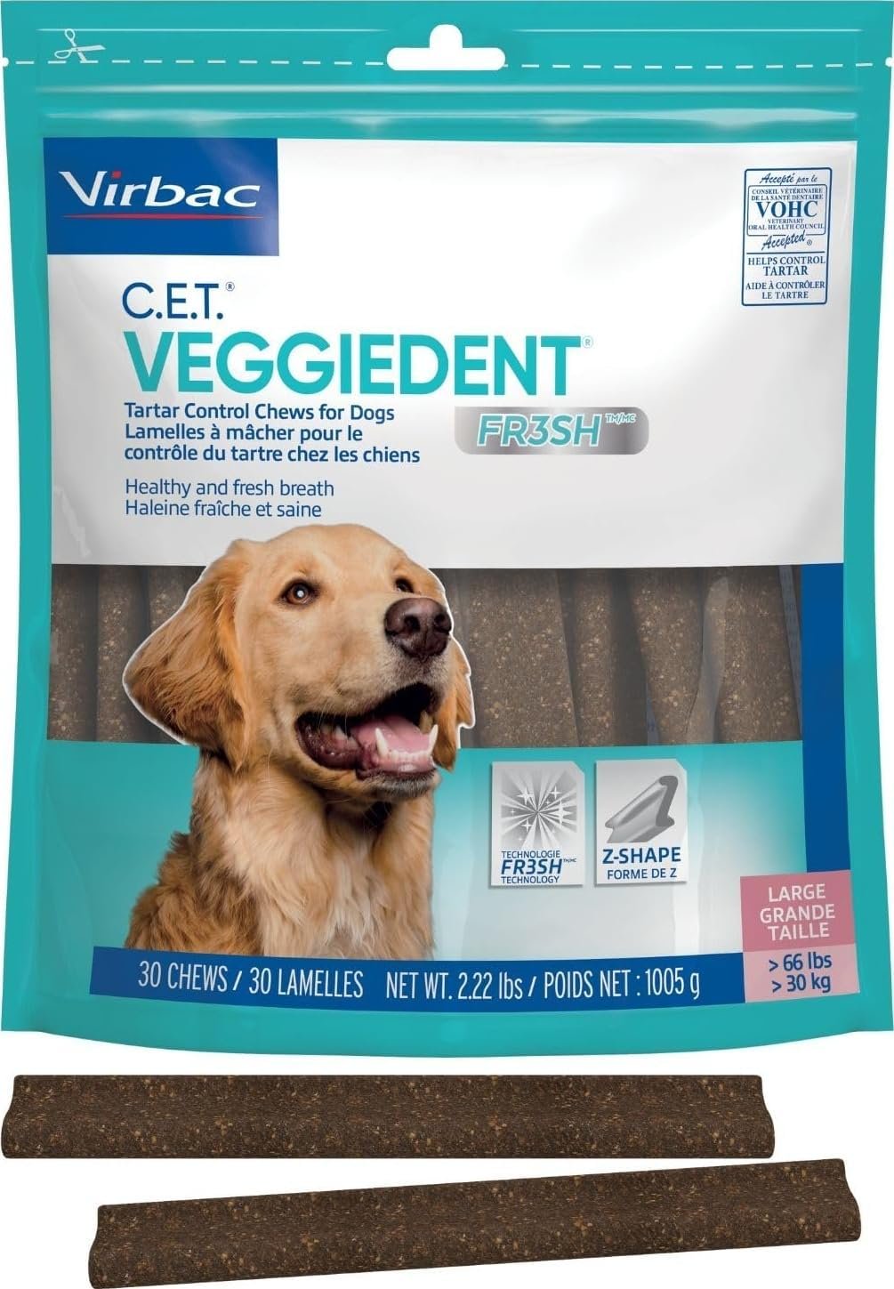 Virbac C.E.T. VeggieDent Fr3sh Dental Chews for Dogs Large 30 Count
