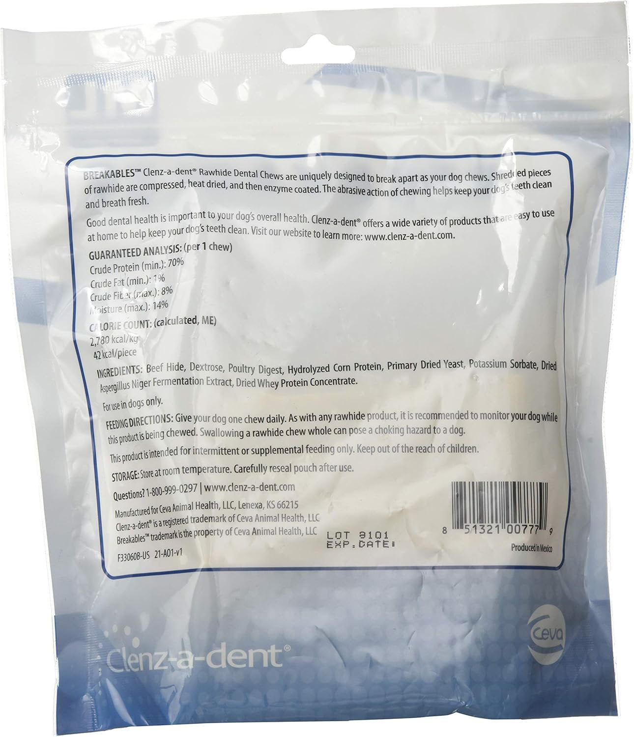 Ceva Clenz-a-dent Breakables Rawhide Dental Dog Chews Medium/Large 15 Count 8.3-oz