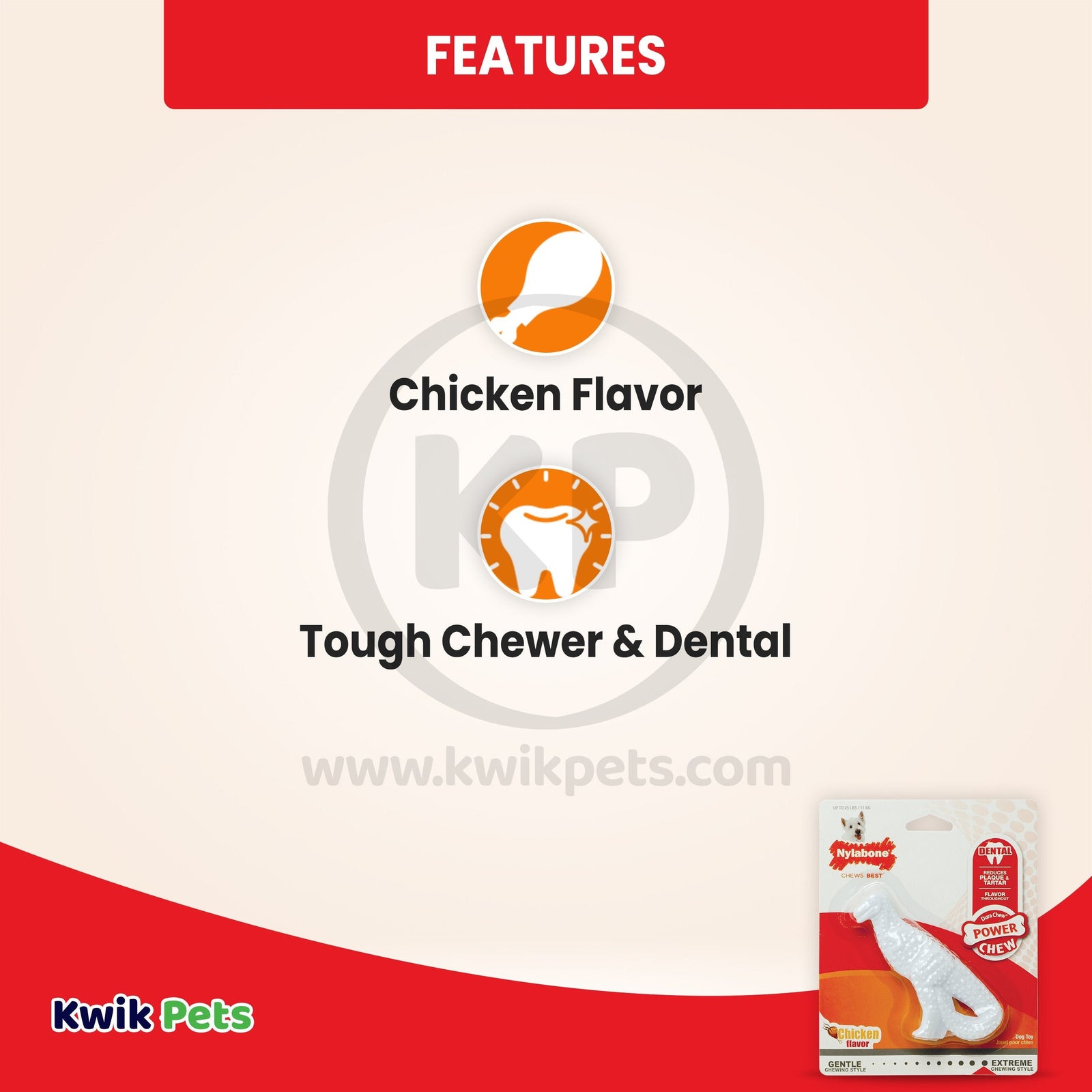 Features of Nylabone Power Chew Dental Dinosaur Dog Toy Chicken White Small/Regular - Up To 25 Ibs
