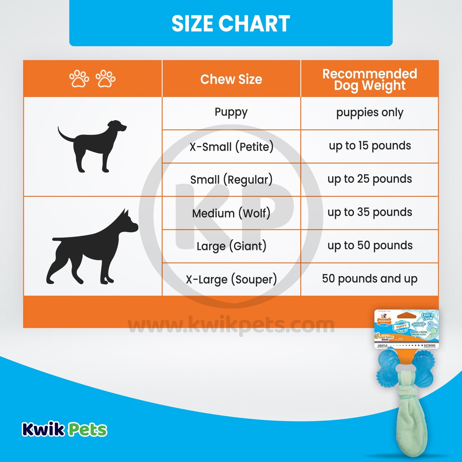 Size Chart of Nylabone Freezer Puppy Chew Toy for Teething Peanut Butter Small/Regular - Up To 25 Ibs