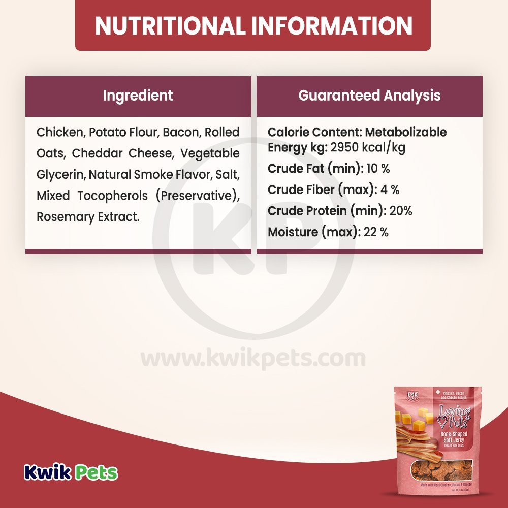 Nutritional Info. of Loving Pets Bone-Shaped Soft Jerky Dog Treat Chicken Bacon & Cheese 6-oz