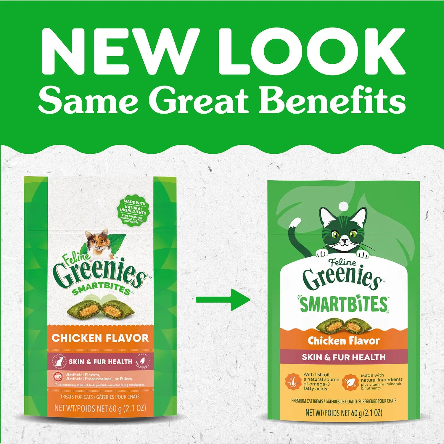 New Look of Greenies Feline Smartbites Healthy Skin & Fur Health Cat Treats Chicken 2.1-oz