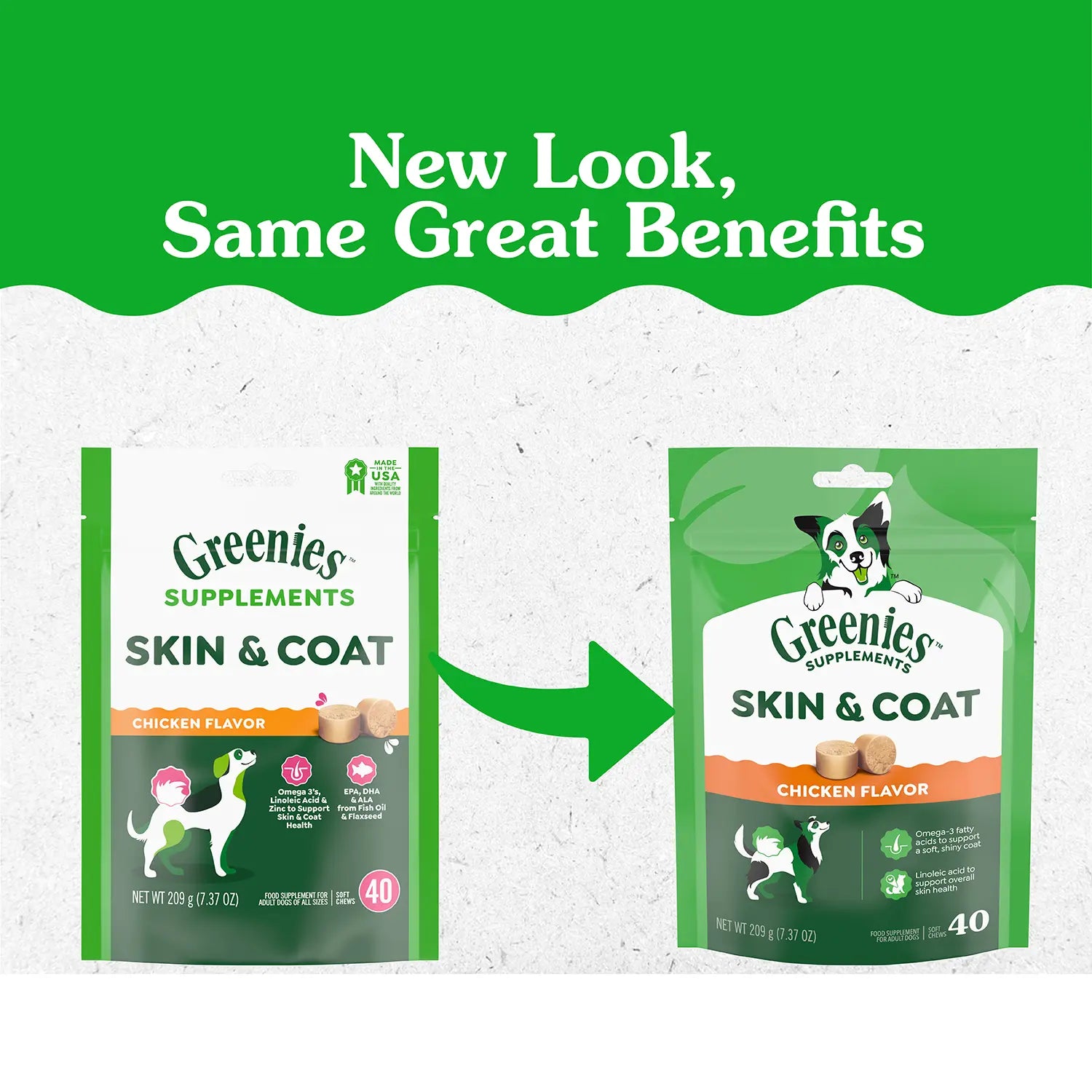New Look of Greenies Skin & Coat Food Supplement Soft Chews for Adult Dogs Chicken Flavor 40 Count 7.37-oz