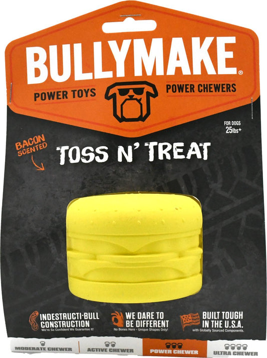 BullyMake Toss n' Treat Flavored Dog Chew Toy Cheeseburger, Bacon, One Size - Kwik Pets