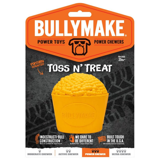 BullyMake Toss n' Treat Flavored Dog Chew Toy Popcorn, Butter, One Size - Kwik Pets
