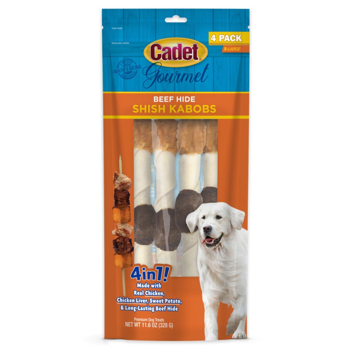 Cadet Gourmet Beef Hide Shish Kabob Dog Treats Chicken & Sweet Potato, XL 10 in (4 ct) - Kwik Pets