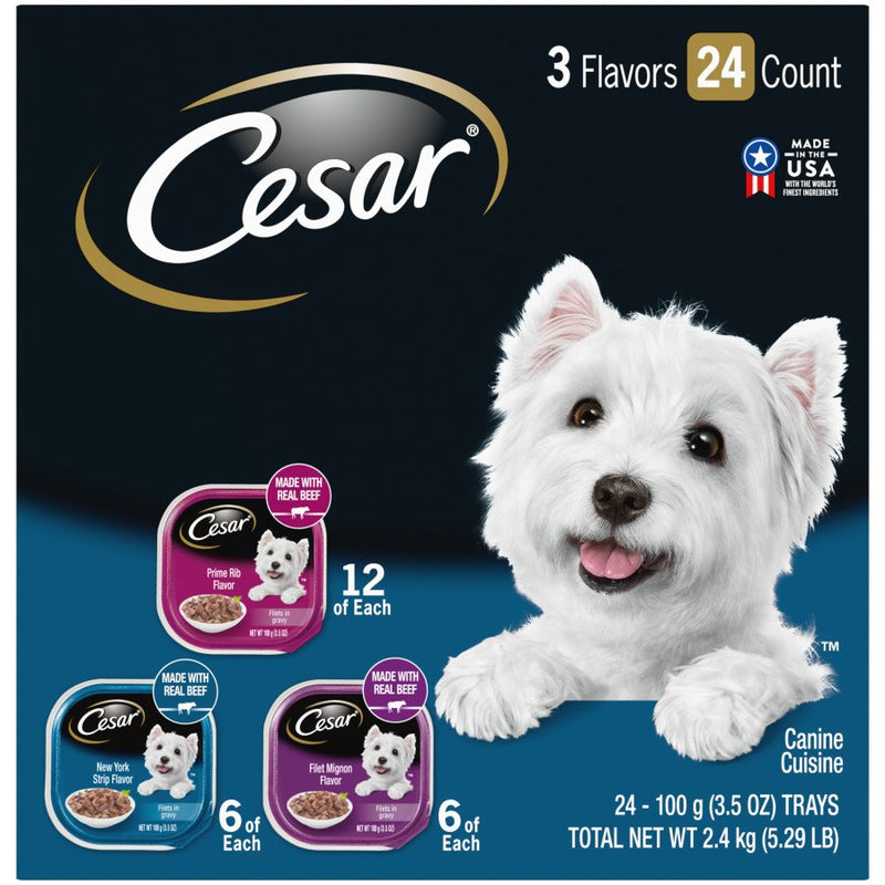 Cesar Filets in Gravy Adult Wet Dog Food Variety Pack (Prime Rib, Filet Mignon, New York Strip), 3.5 oz - Kwik Pets