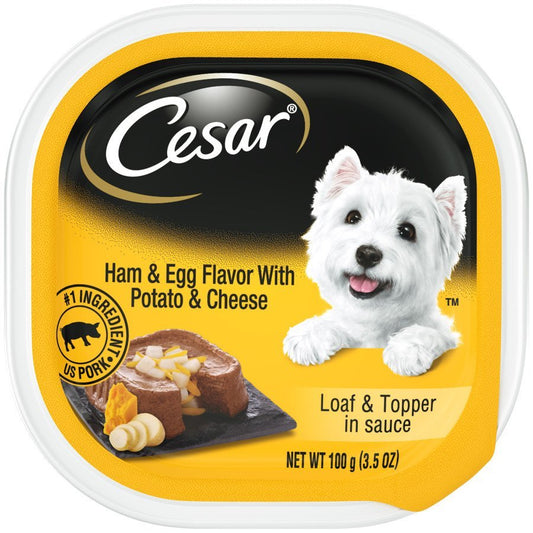 Cesar Loaf & Topper in Sauce Adult Wet Dog Food Ham & Egg w/Potato & Cheese, 3.5 oz - Kwik Pets