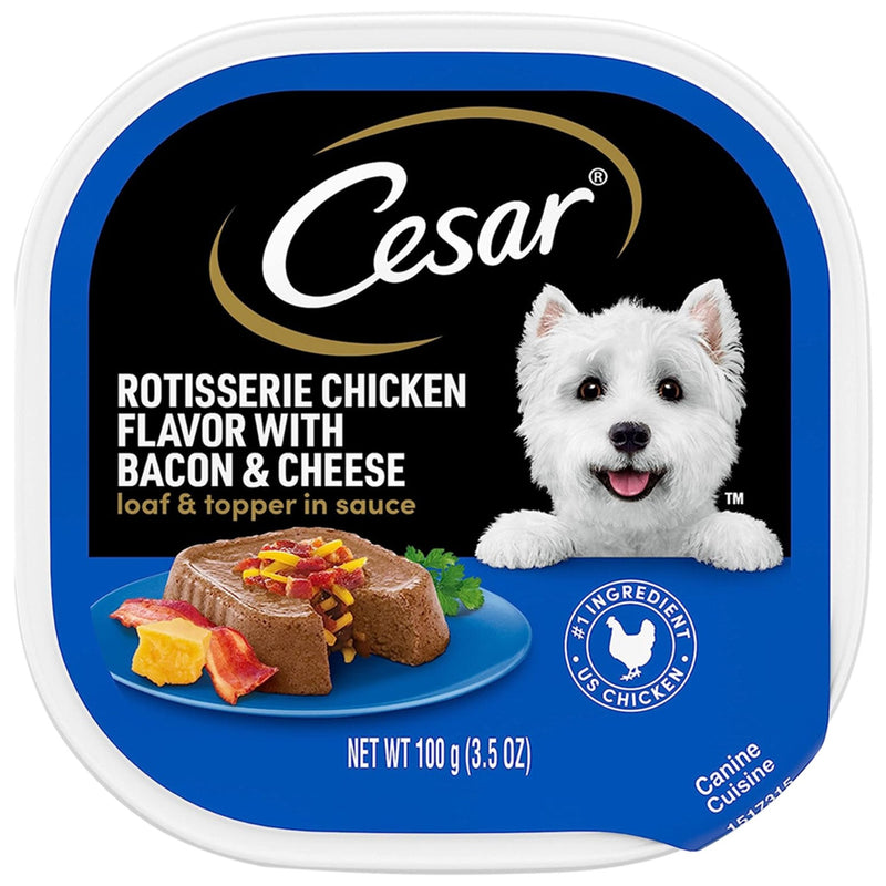 Cesar Loaf & Topper in Sauce Adult Wet Dog Food Rotisserie Chicken w/Bacon & Cheese, 3.5 oz - Kwik Pets