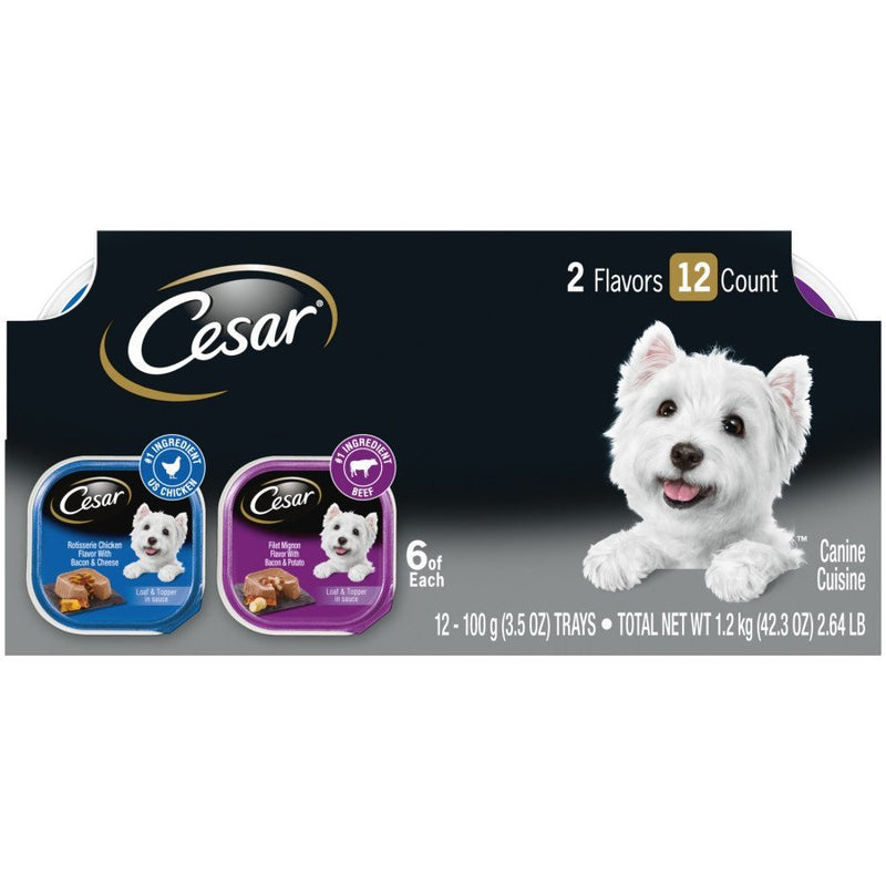 Cesar Loaf & Topper in Sauce Adult Wet Dog Food Variety Pack (Rotisserie Chicken, Filet Mignon), 3.5 oz - Kwik Pets