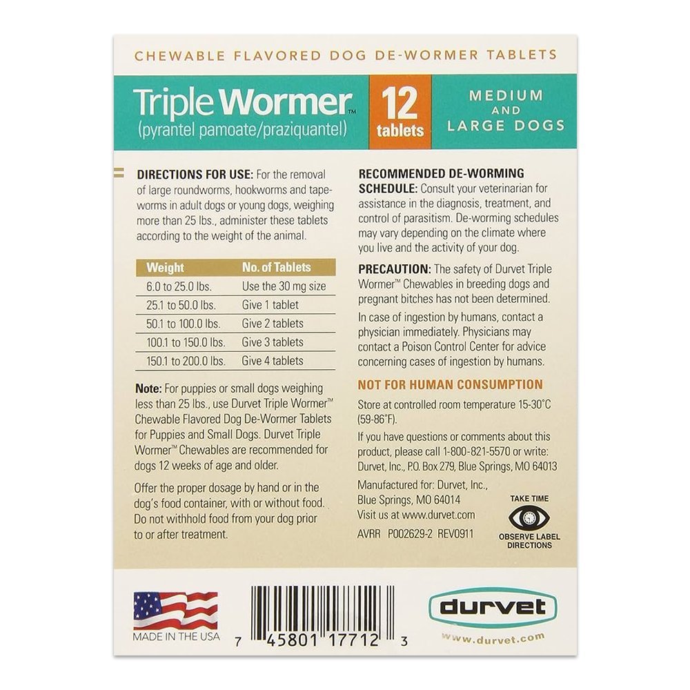 Durvet Triple Wormer Chewable Tablets for Medium to Large Dogs 12 ct - Kwik Pets