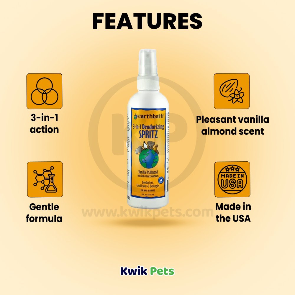 earthbath® 3-in-1 Deodorizing Spritz, Vanilla Almond with Skin & Coat Conditioners, Made in USA, 8 oz pump spray - Kwik Pets