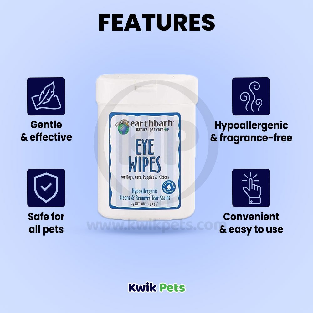 earthbath® Eye Wipes, Hypo-Allergenic Fragrance Free for Dogs, Cats, Puppies & Kittens, 25 ct re-sealable container - Kwik Pets