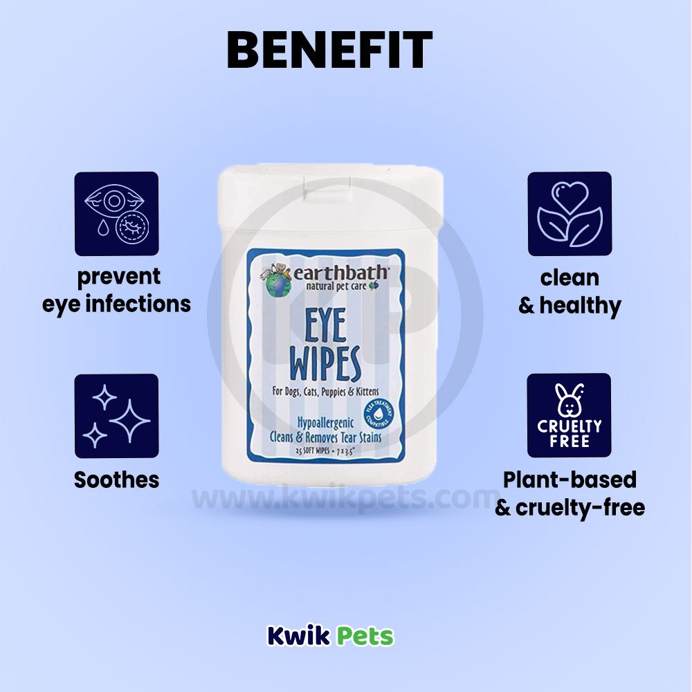 earthbath® Eye Wipes, Hypo-Allergenic Fragrance Free for Dogs, Cats, Puppies & Kittens, 25 ct re-sealable container - Kwik Pets