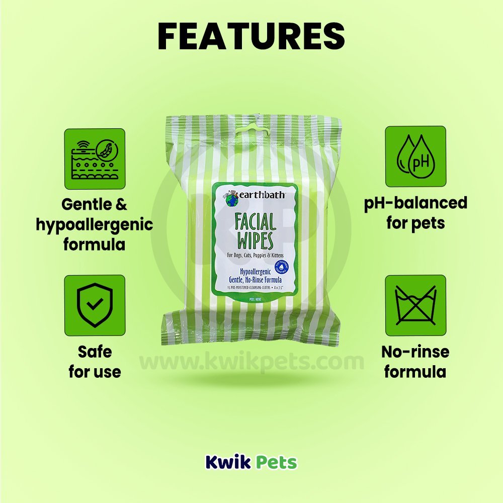 earthbath® Facial Wipes, Hypo-Allergenic Cucumber Melon for Dogs, Cats, Puppies & Kittens, 25 ct re-sealable package - Kwik Pets