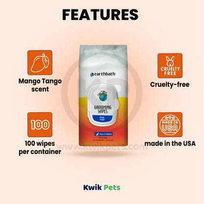 earthbath® Grooming Wipes, Mango Tango®, Cleans & Conditions, 100 ct re-sealable container - Kwik Pets