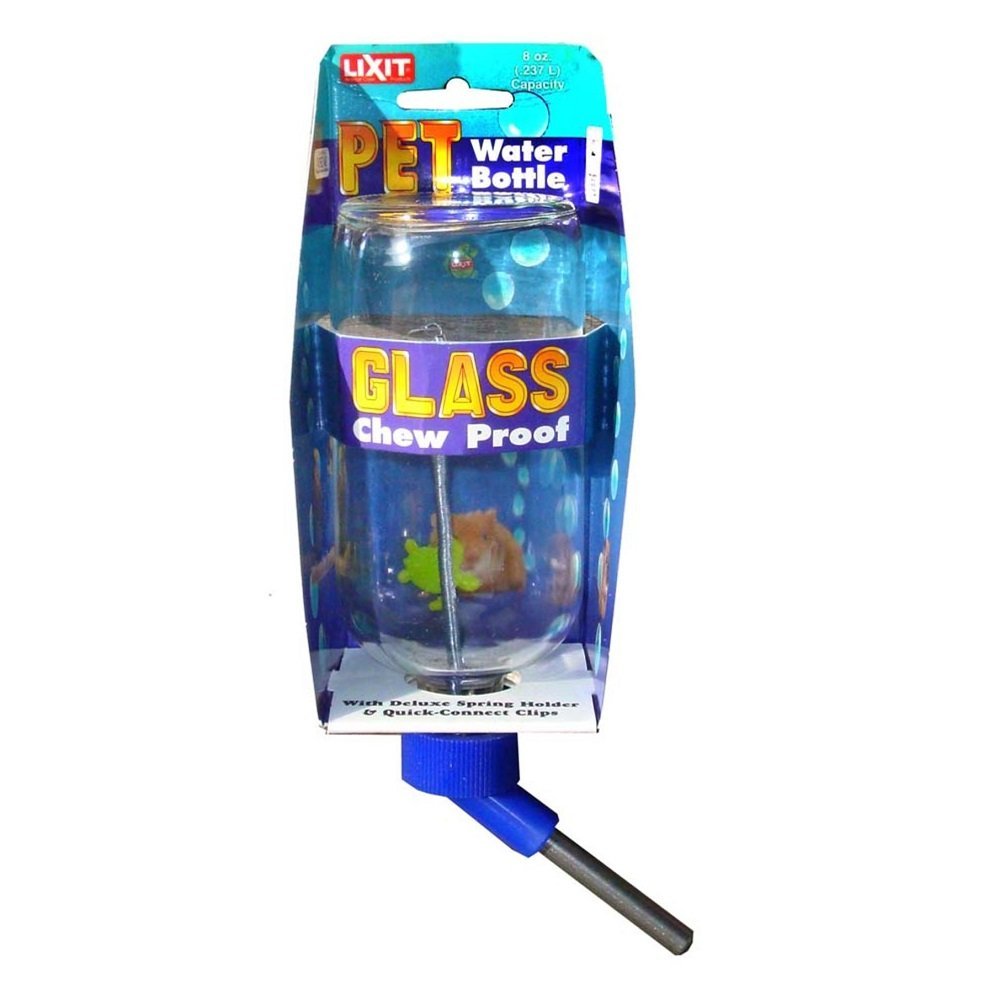 Lixit Glass Water Bottle for Small Animals Clear, Blue 8 oz - Kwik Pets