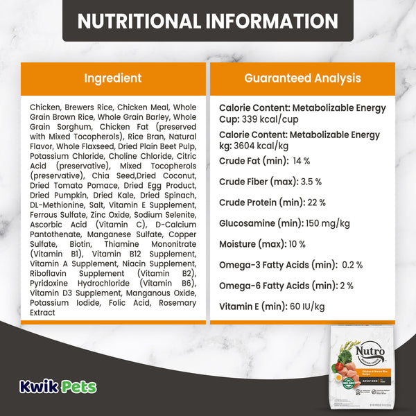 Nutritional Information of Nutro Natural Choice Chicken & Brown Rice Adult Dry Dog Food 30-lb