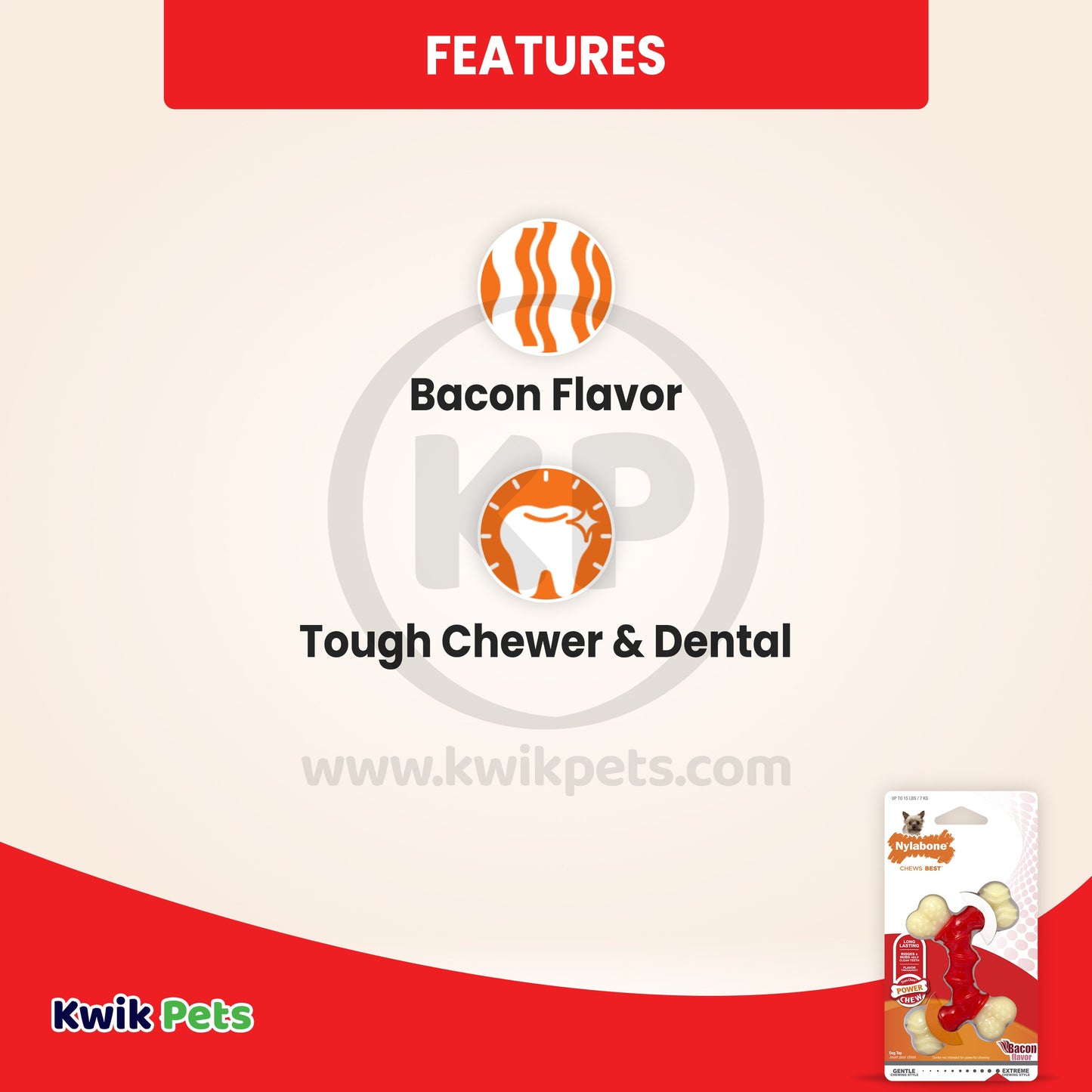 Nylabone Power Chew Double Bone Bacon Dog Chew Toy Peanut Butter, XS/Petite, Nylabone