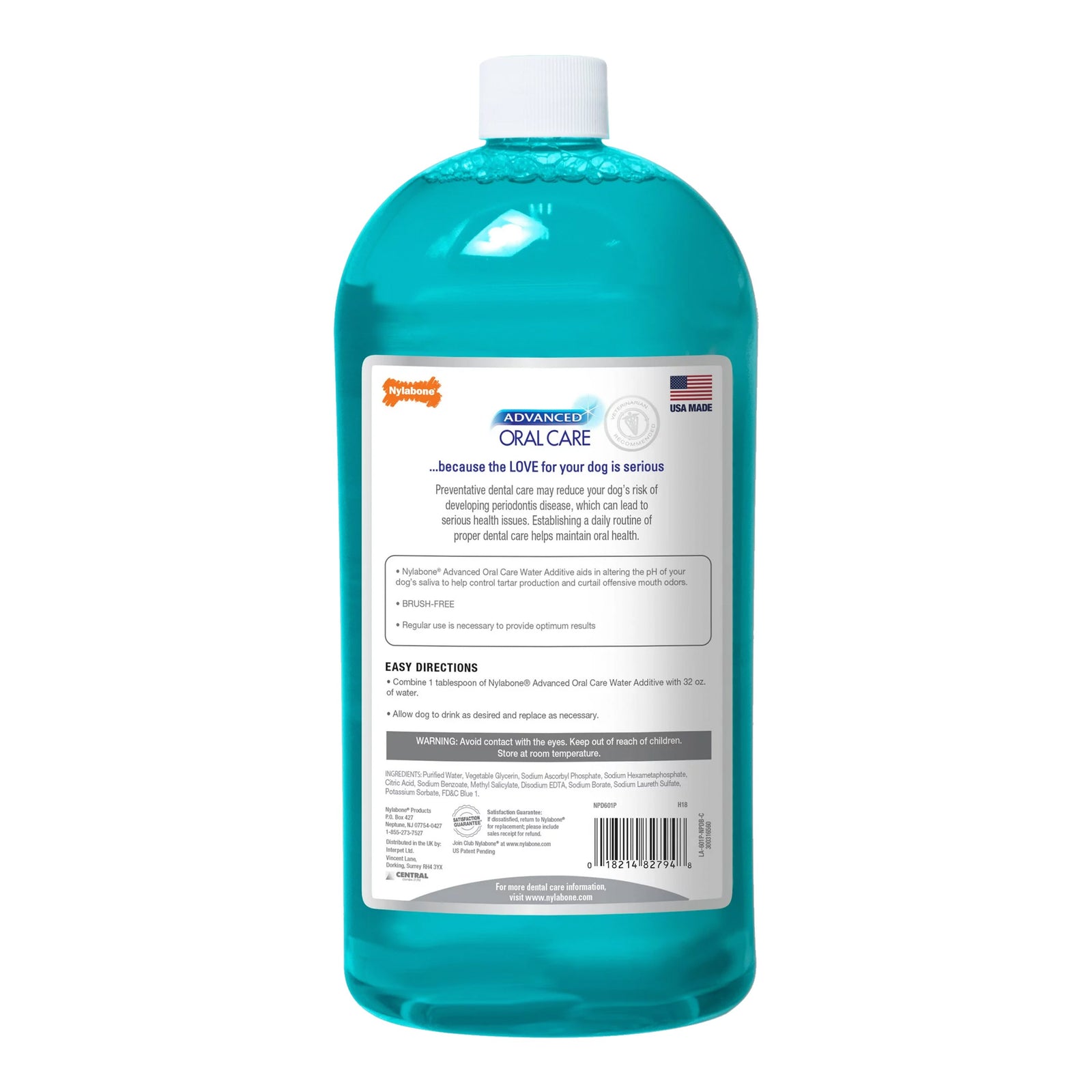 Back of Nylabone Advanced Oral Care Water Additive for Dogs Original 32-oz