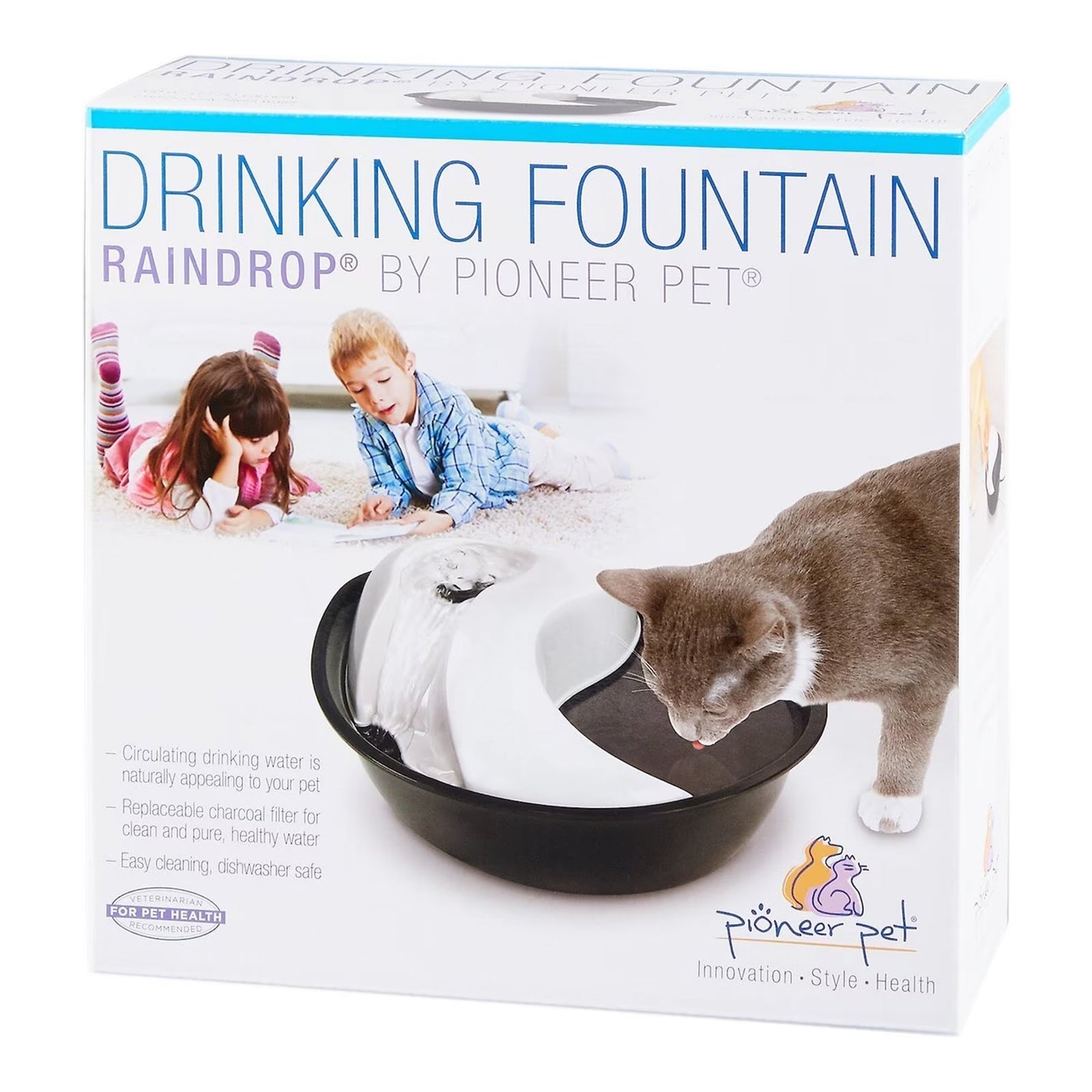 Front of Pioneer Pet Raindrop Black & White Plastic Drinking Fountain 60-oz