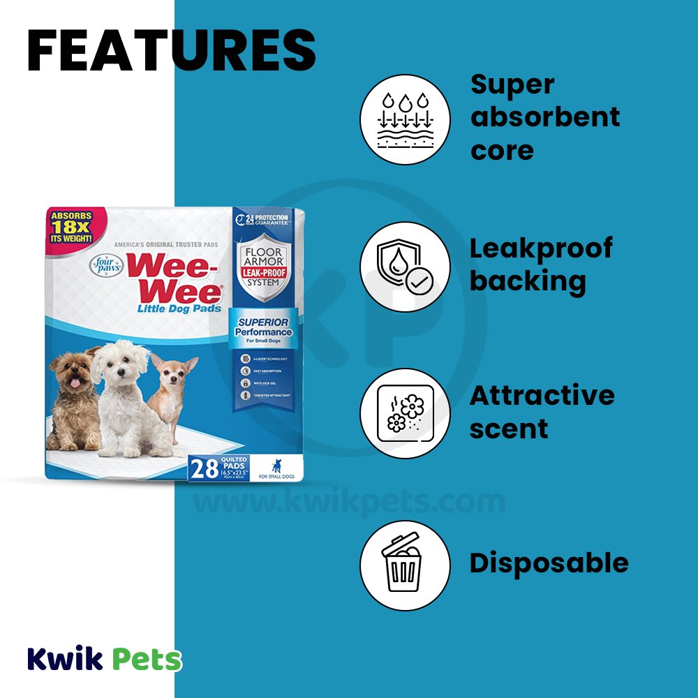 Four Paws Wee-Wee Small Dog Training Pads 28-Count Little 16.5 in X 23.5 in, Four Paws