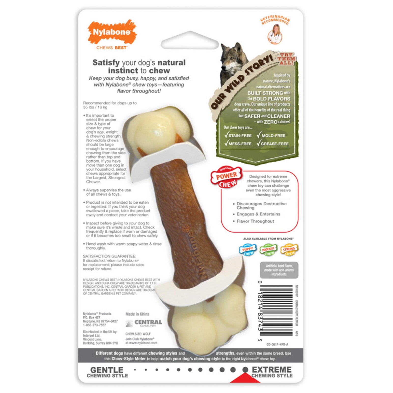 Nylabone Femur Bone Rawhide Alternative Beef Flavor Medium/Wolf - Up To 35 lb - 2