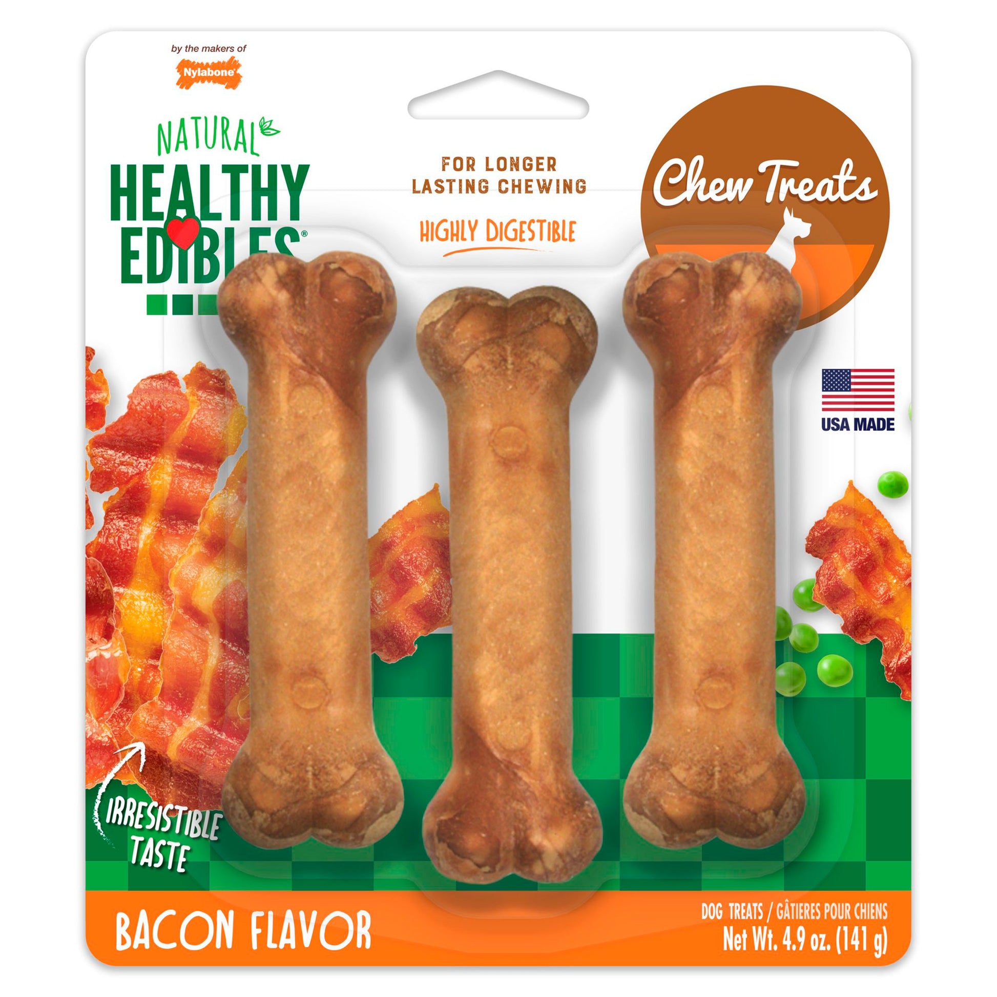 Nylabone Healthy Edibles All-Natural Long Lasting Bacon Chew Treats 3 Count, Bacon Small/Regular, Nylabone