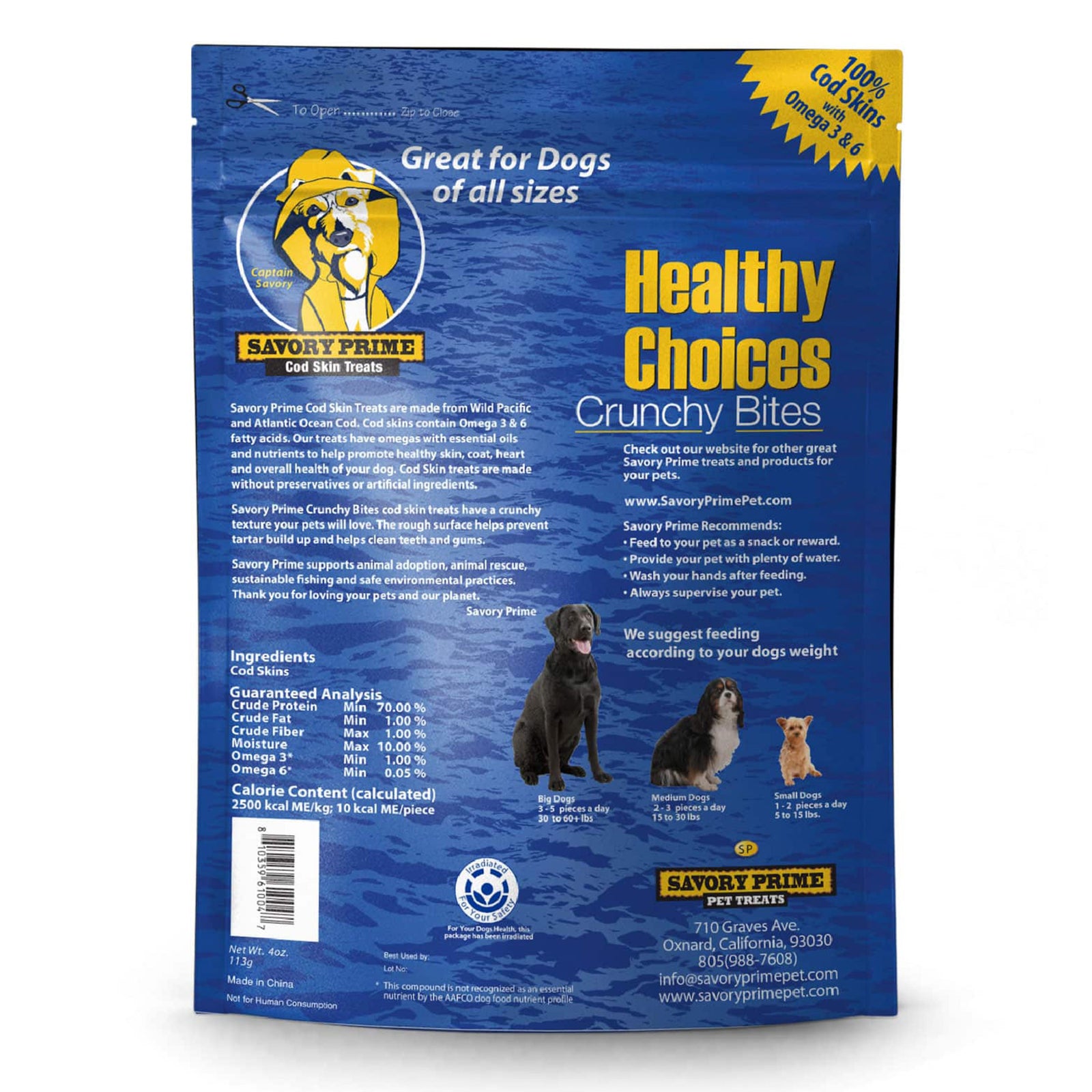 Back of Savory Prime Cod Skin Crunchy Bites Dog Treats 4-oz