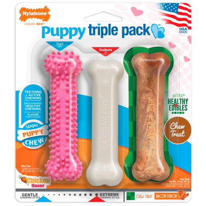 Nylabone Puppy Chew Variety Toy & Treat Triple Pack Chicken & Lamb Starter Kit Small/Regular - Up To 25 Ibs., Nylabone
