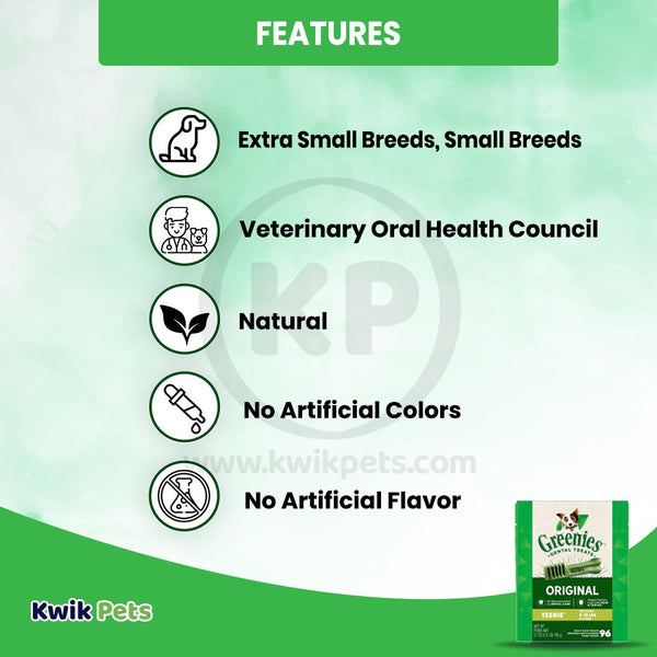 Features of Greenies Original Dog Dental Treats Teenie 27-oz 96 Count