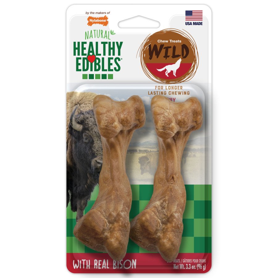 Nylabone Healthy Edibles WILD Natural Long Lasting Bison Flavor Dog Chew Treats Wild Bone, Medium/Wolf (2 ct), Nylabone