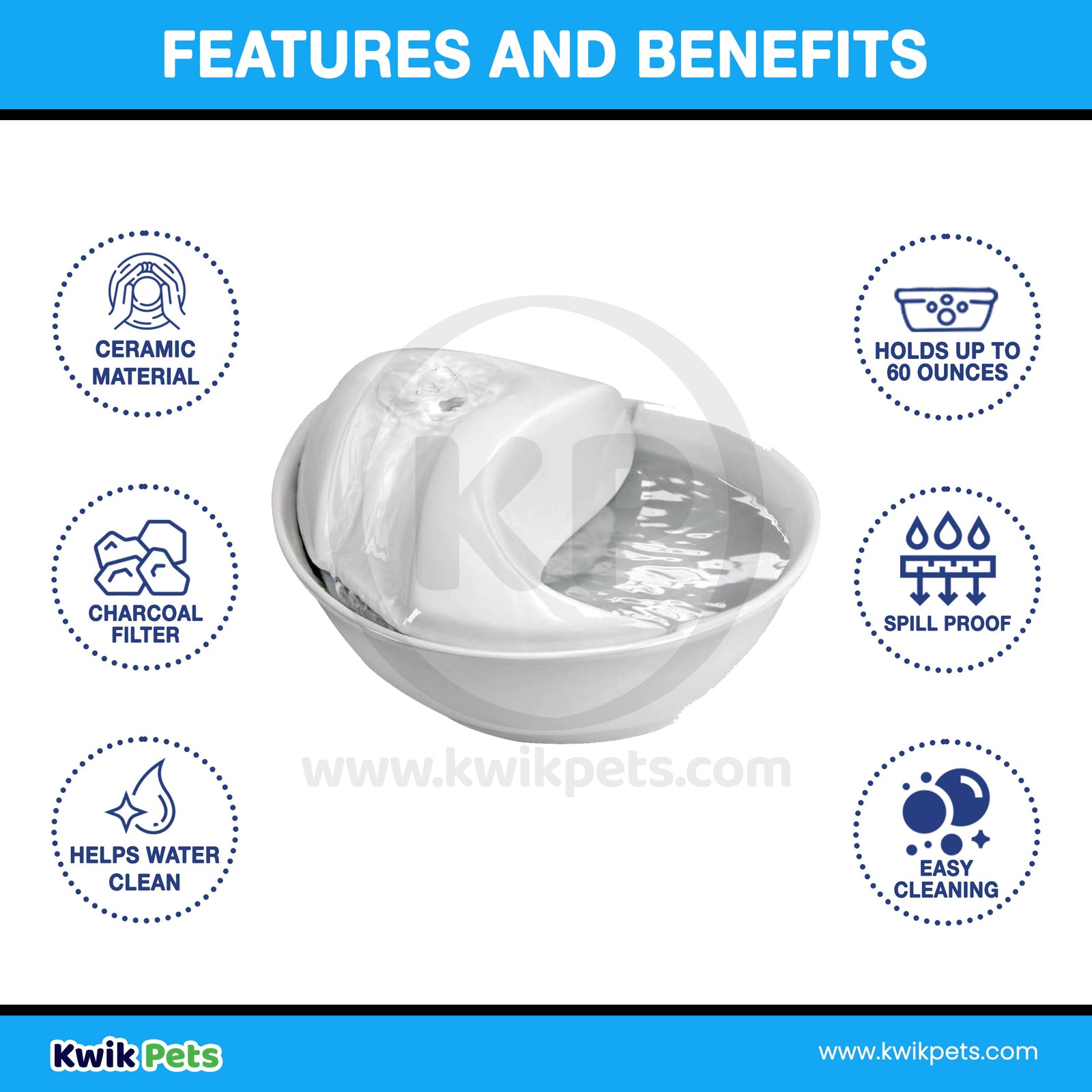 Pioneer Pet Raindrop Fountain-Ceramic-White-60 oz, Pioneer Pet