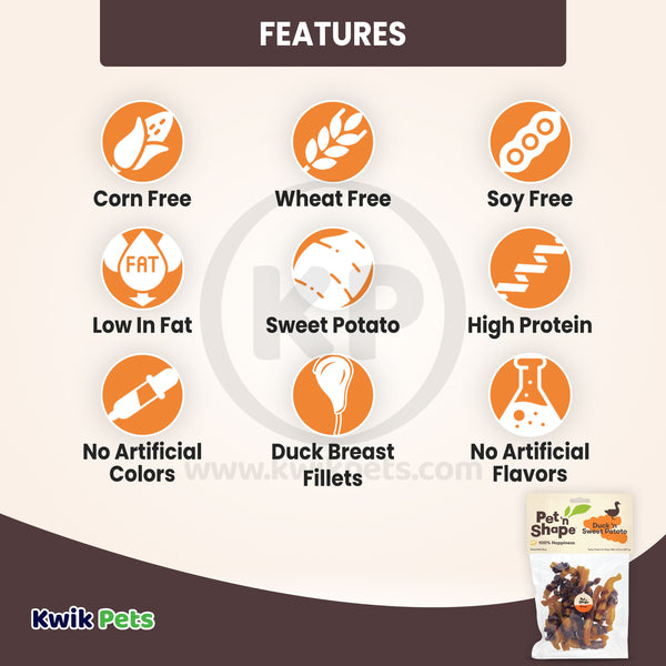 Features of Pet 'n Shape Duck 'n Sweet Potato Jerky Dog Treats 8-oz