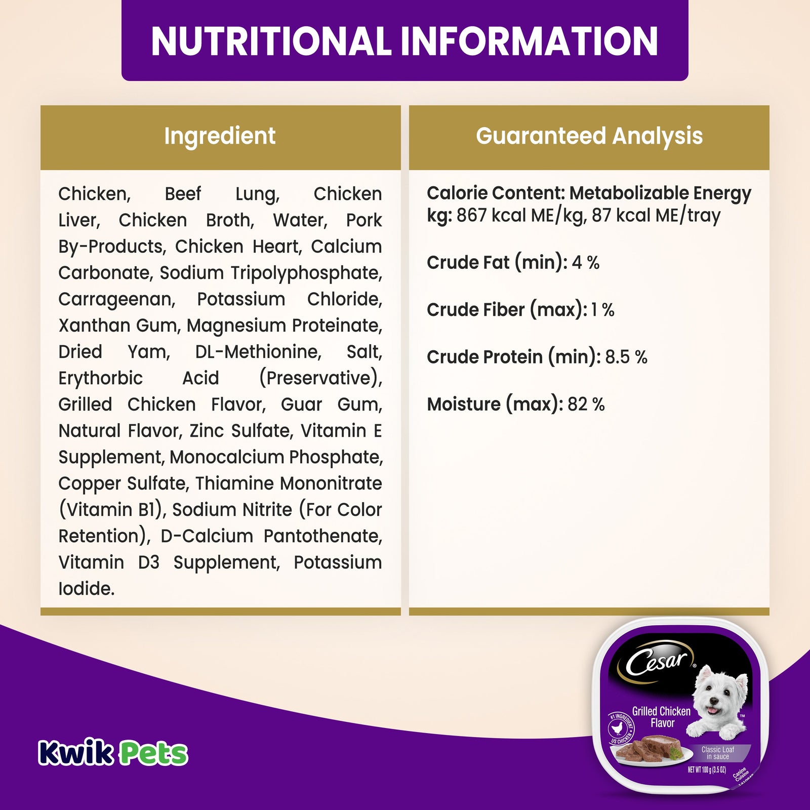 Nutritional Information of Cesar Classic Loaf in Sauce Adult Wet Dog Food Grilled Chicken 3.5-oz