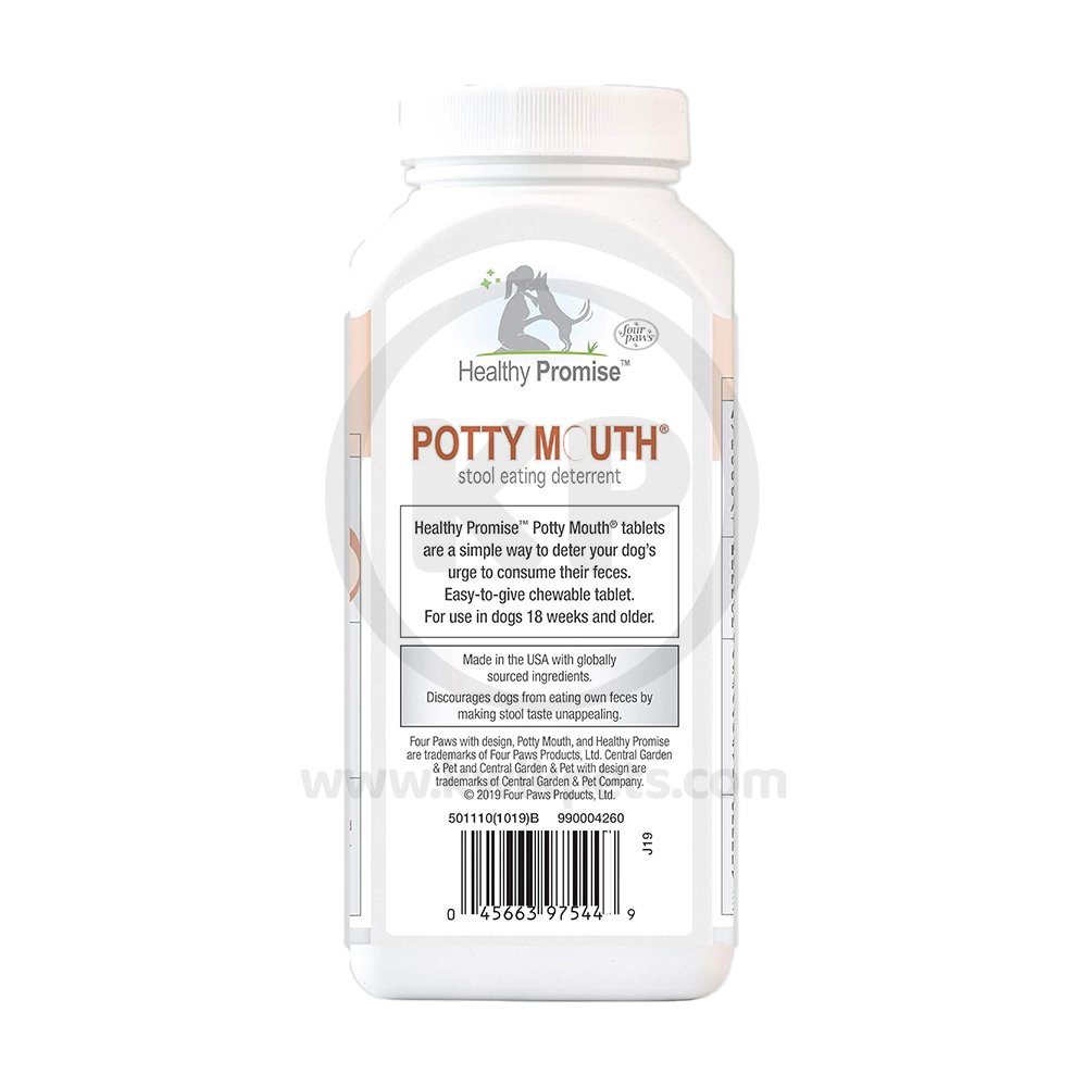 Back of Four Paws Healthy Promise Potty Mouth Coprophagia Stool Eating Deterrent Dog Chewable Tablets 90 Count 5.14-oz