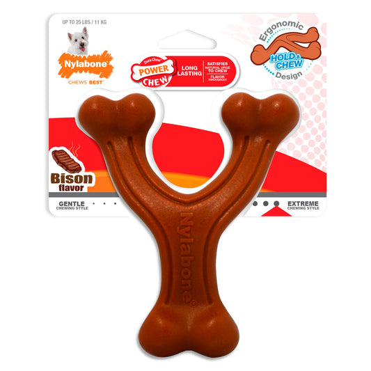 Nylabone Ergonomic Hold & Chew Wishbone Power Chew Durable Dog Toy Bison Flavor Small/Regular - Up To 25 lb, Nylabone