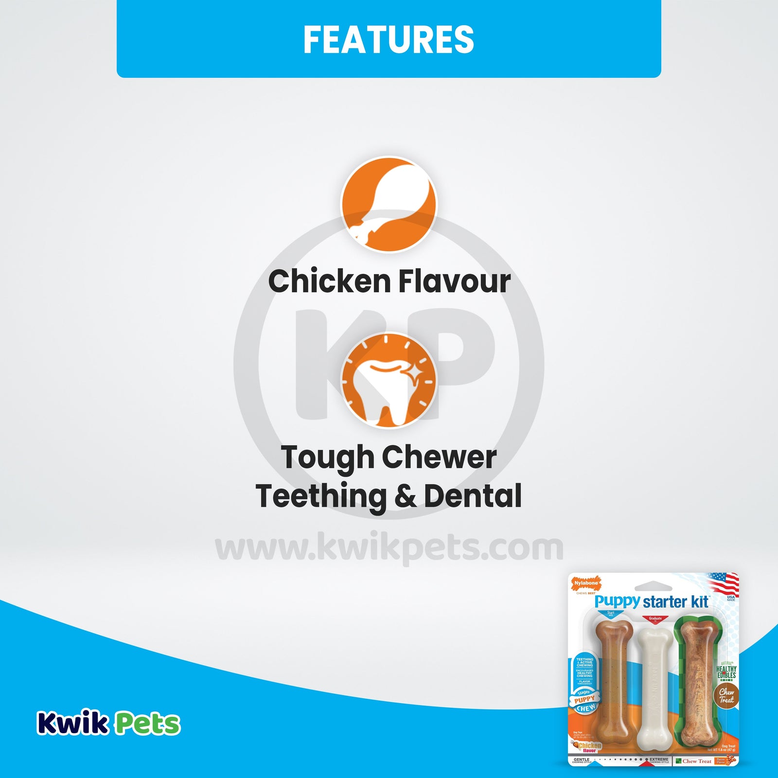 Features of Nylabone Puppy Starter Kit Dog Chew Toys & Treat Chicken & Bacon Small/Regular - Up To 25 Ibs 3 Count