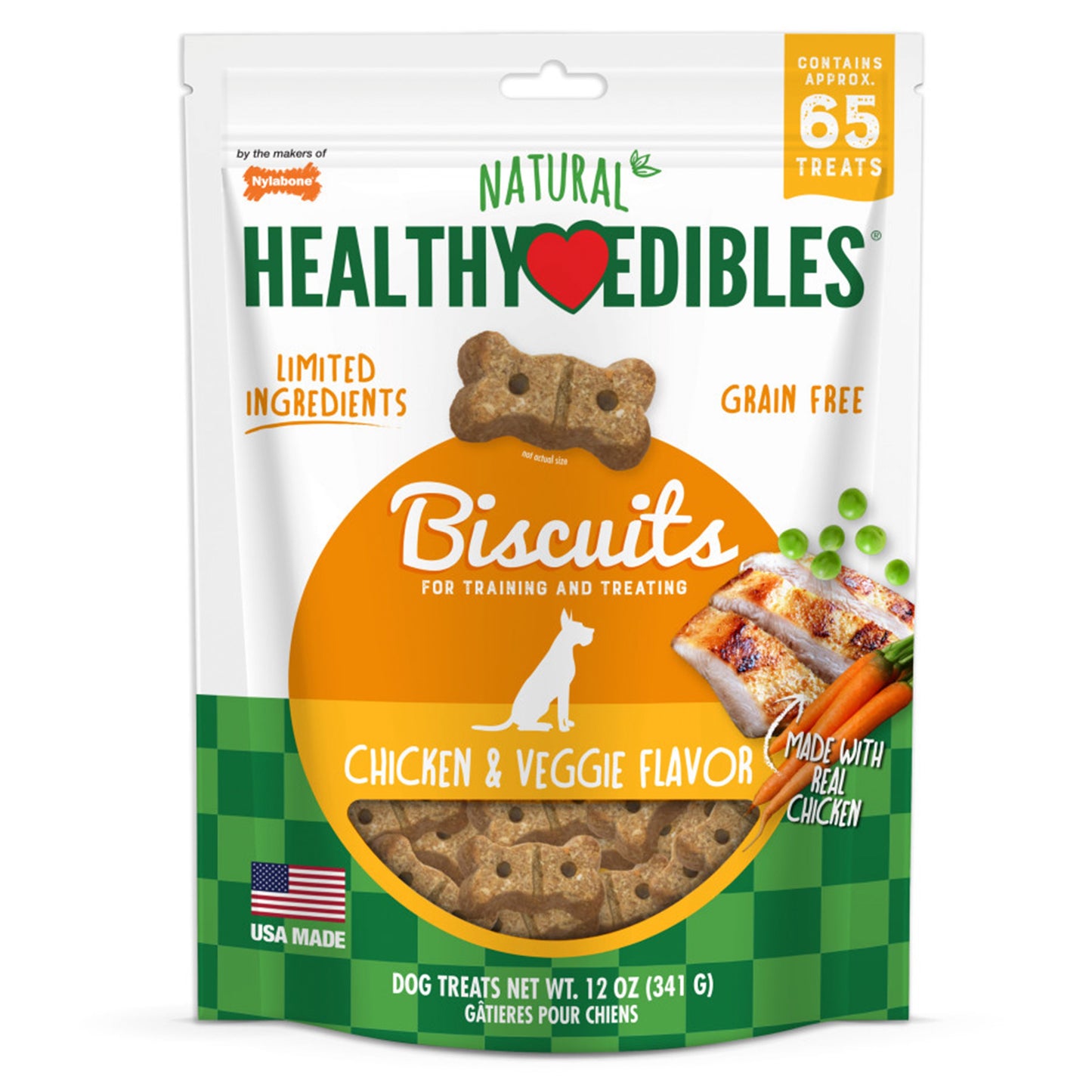 Nylabone Healthy Edibles Biscuits Grain Free Dog Treats Chicken & Veggie Flavor, 12-oz, Nylabone