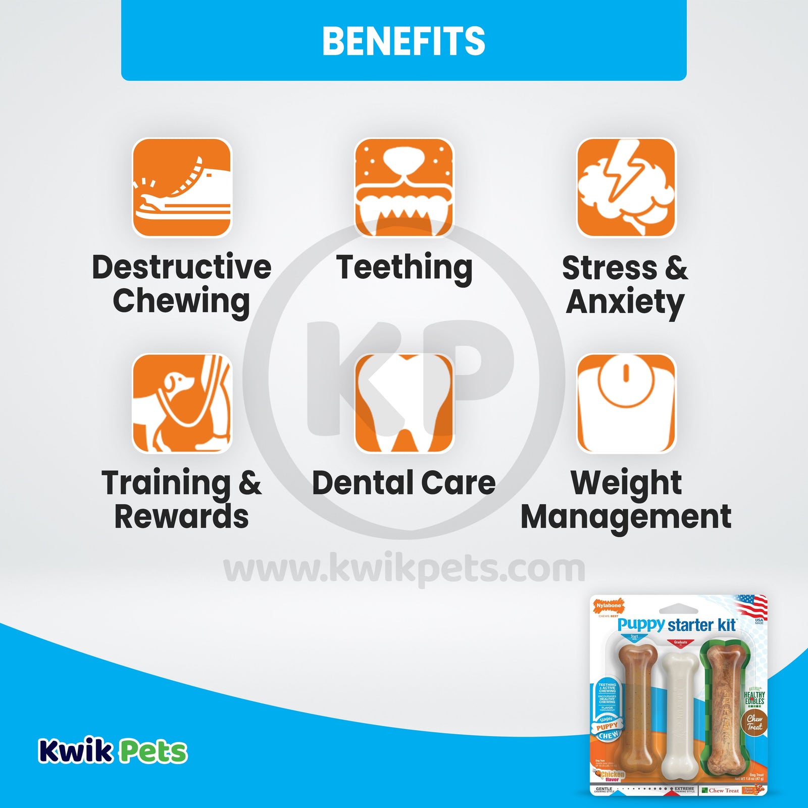 Benefits of Nylabone Puppy Starter Kit Dog Chew Toys & Treat Chicken & Bacon Small/Regular - Up To 25 Ibs 3 Count