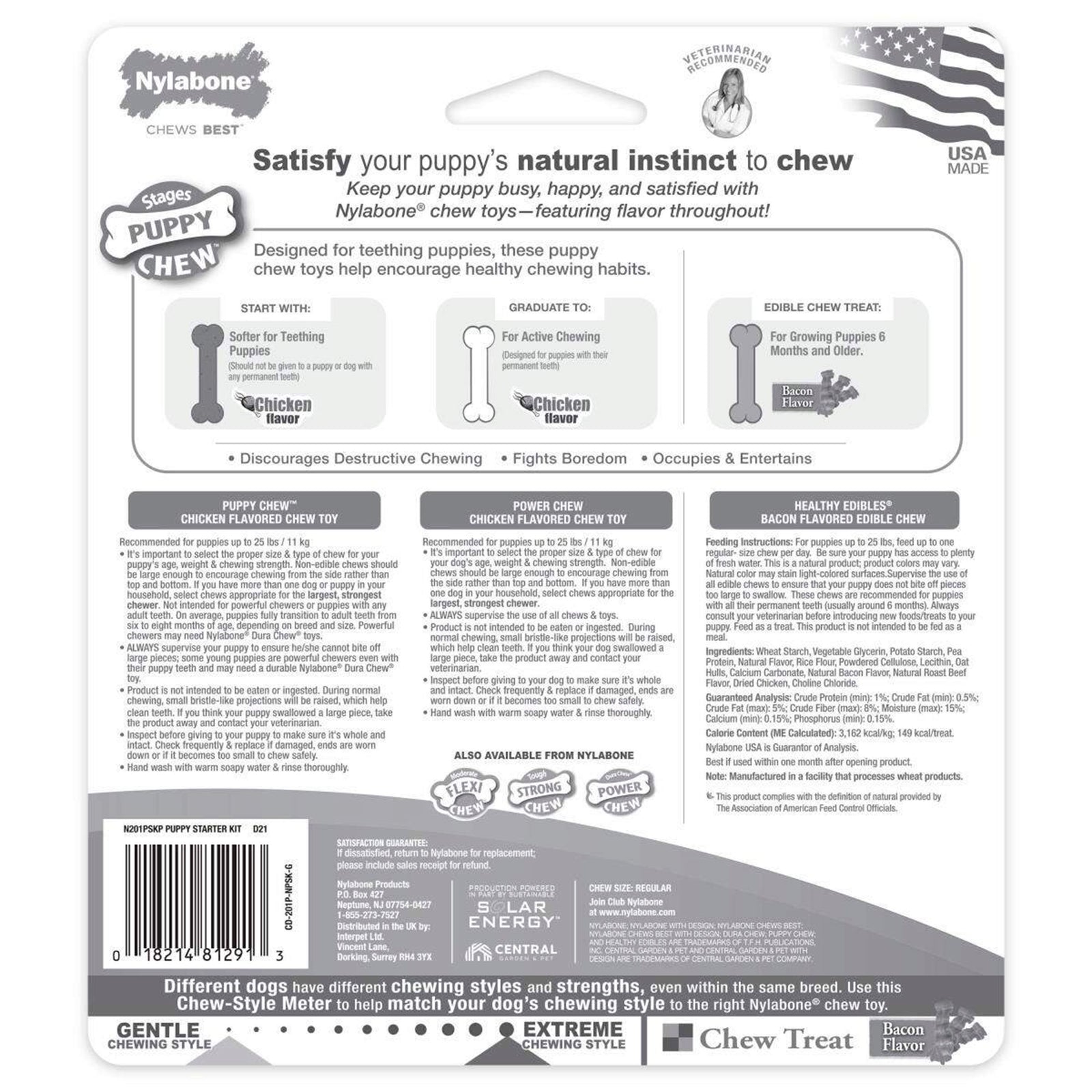 Back of Nylabone Puppy Starter Kit Dog Chew Toys & Treat Chicken & Bacon Small/Regular - Up To 25 Ibs 3 Count