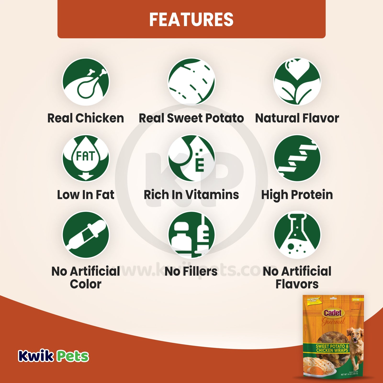 Features of Cadet Gourmet Chicken-Wrapped Sweet Potato Dog Treats 14-oz