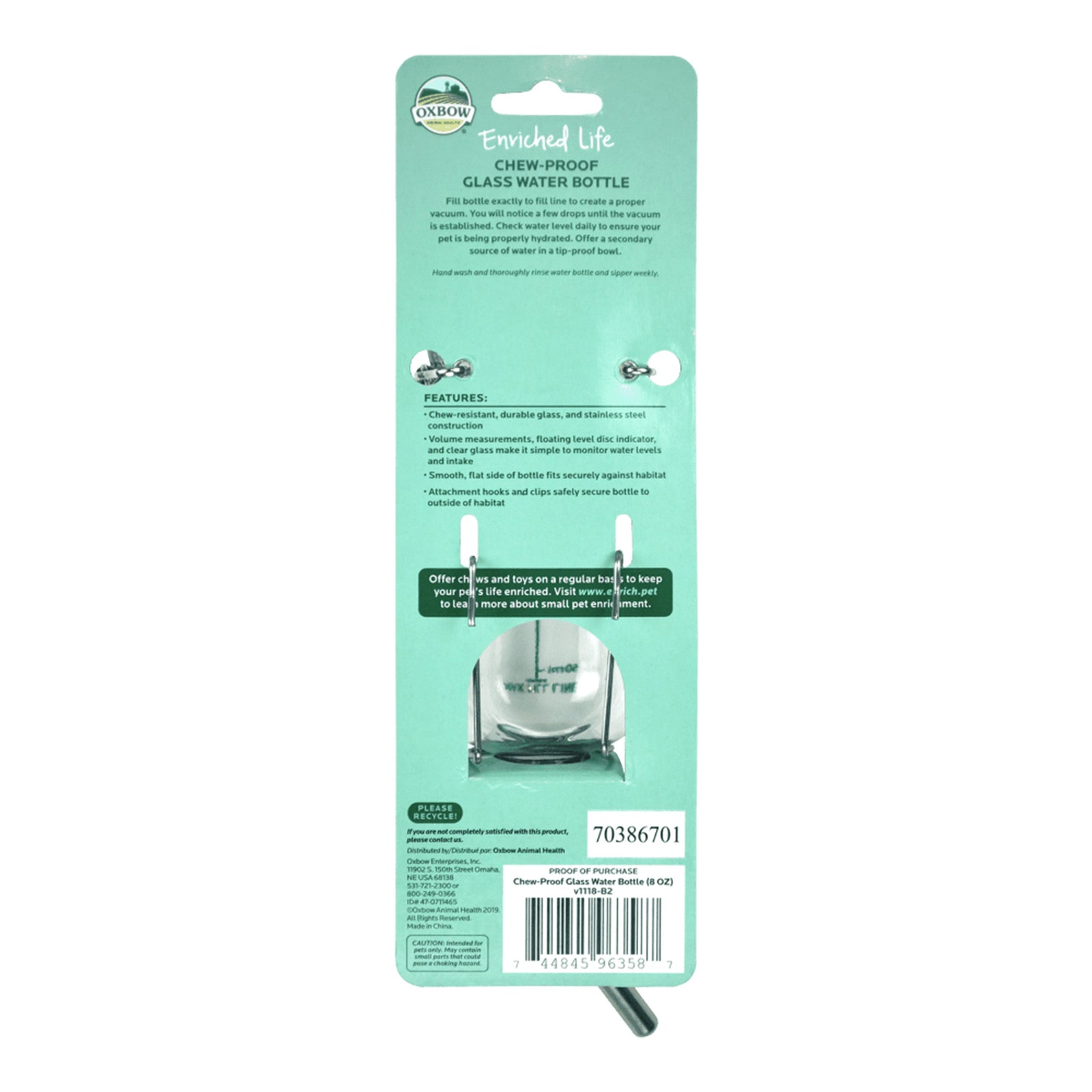 Oxbow Animal Health Enriched Life Chew Proof Glass Water Bottle Silver, 16 oz, Oxbow