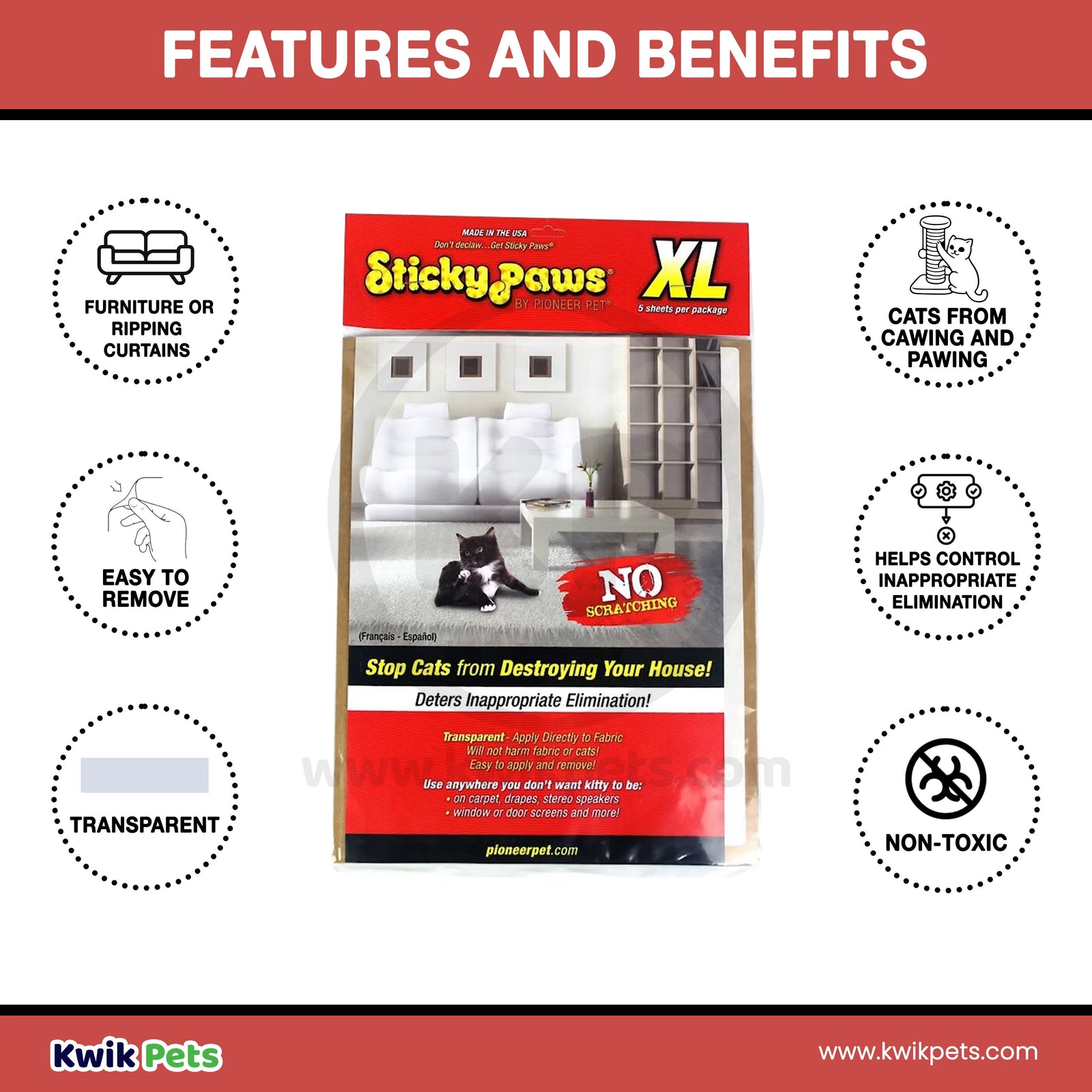 Features and Benefits of Pioneer Sticky Paws XL Sheets for Cats Count 5