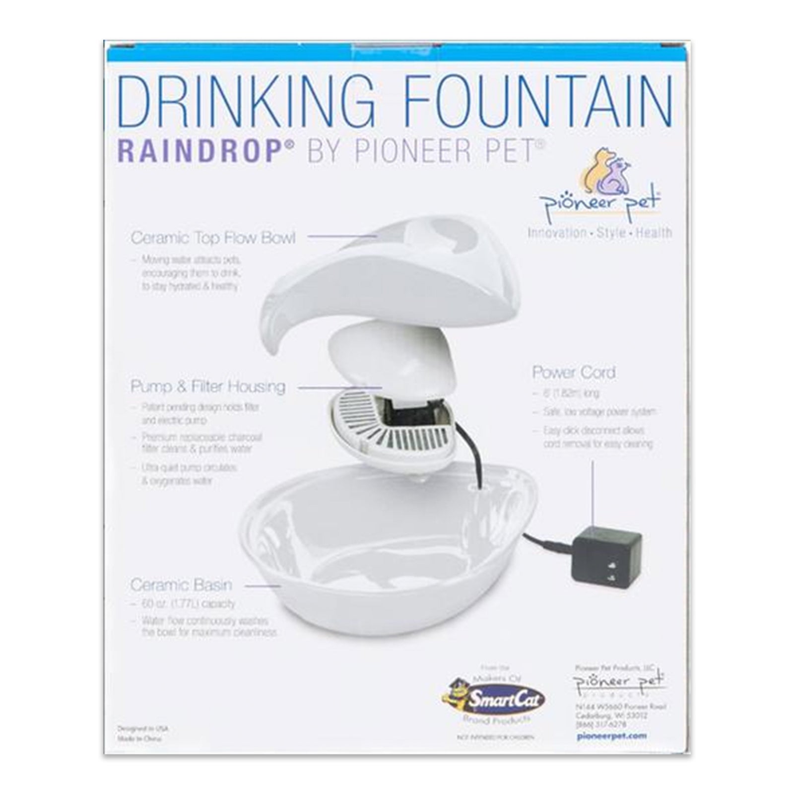 Pioneer Pet Raindrop Fountain-Ceramic-White-60 oz, Pioneer Pet