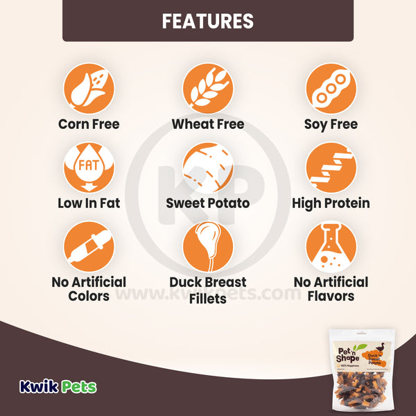 Features of Pet 'n Shape Duck 'n Sweet Potato Jerky Dog Treats 16-oz