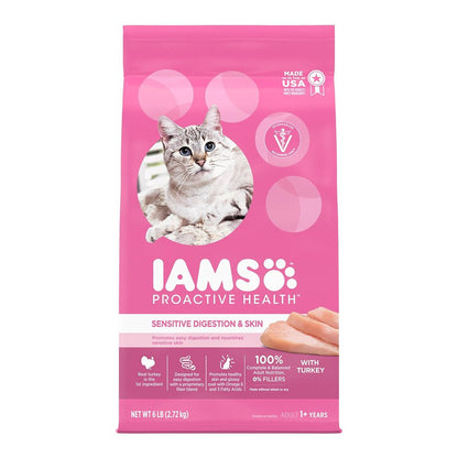 IAMS Proactive Health Sensitive Digestion & Skin Adult Dry Cat Food Turkey, 6-lb, IAMS